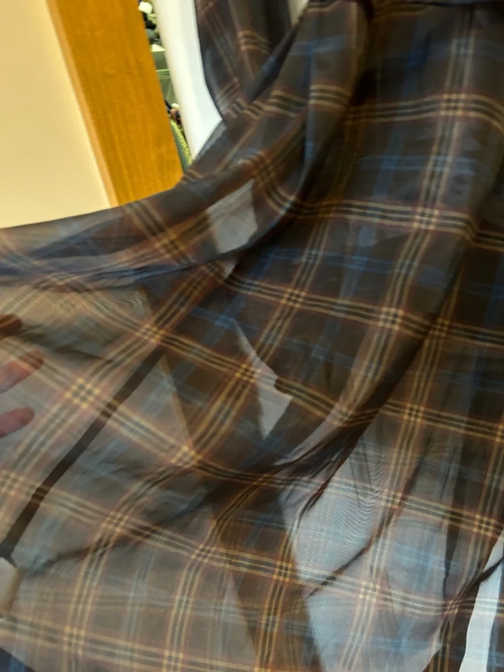 Plaid Long Trench Coat with Self-Tie Waist - Brown & Blue